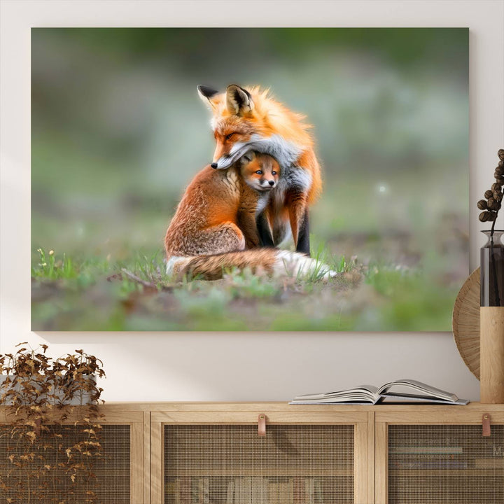 Heartwarming Fox and Baby Cub Wall Art | Ready to Hang Canvas Print of Foxes in Nature | Perfect for Animal Lovers, Rustic Decor, and Cabin Wall Art