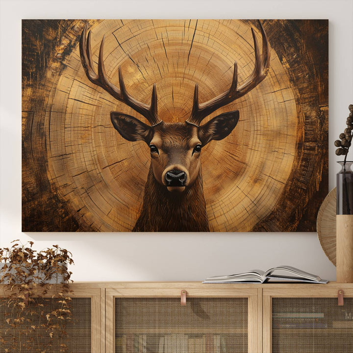 Deer Wall Art Canvas Print | Ready to Hang Canvas Print of a Stag with Rustic Tree Rings | Perfect for Farmhouse Wall Decor, Cabin Wall Art