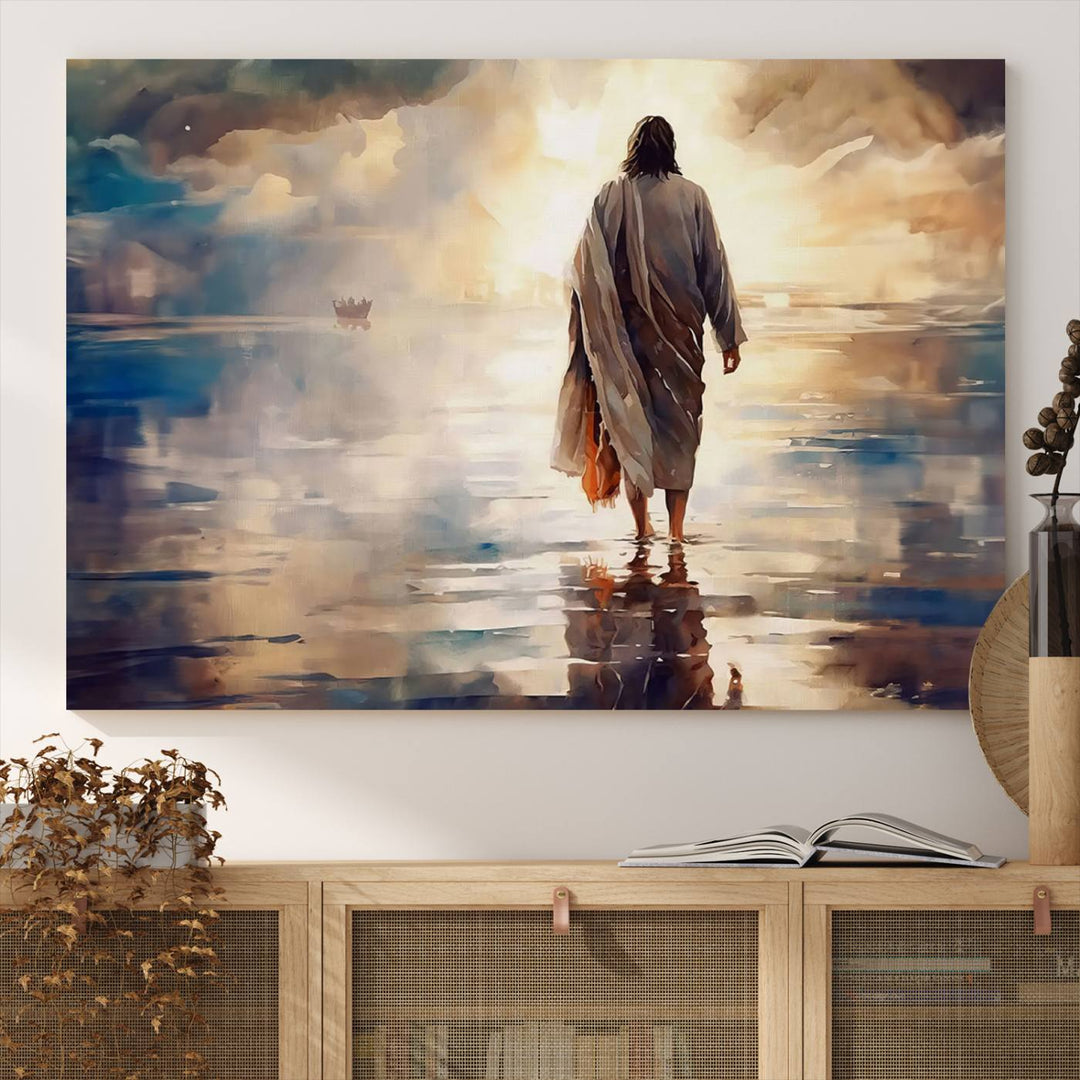 Jesus Walking on Water Wall Art | Ready to Hang Spiritual Triptych Canvas Print | Inspirational Christian Decor for Home or Church