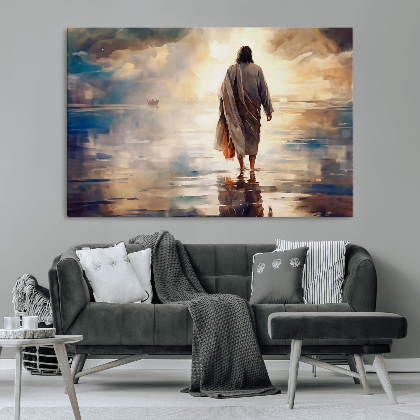 MGV-CV-36X24 - Jesus Walking on Water Wall Art | Ready to Hang Spiritual Triptych Canvas Print | Inspirational