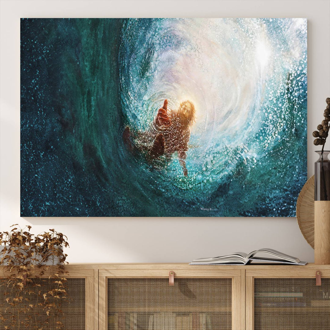 Powerful Jesus Canvas Print - Hand of Salvation, Inspirational Wall Art - Framed, Ready to Hang for Home or Religious Spaces