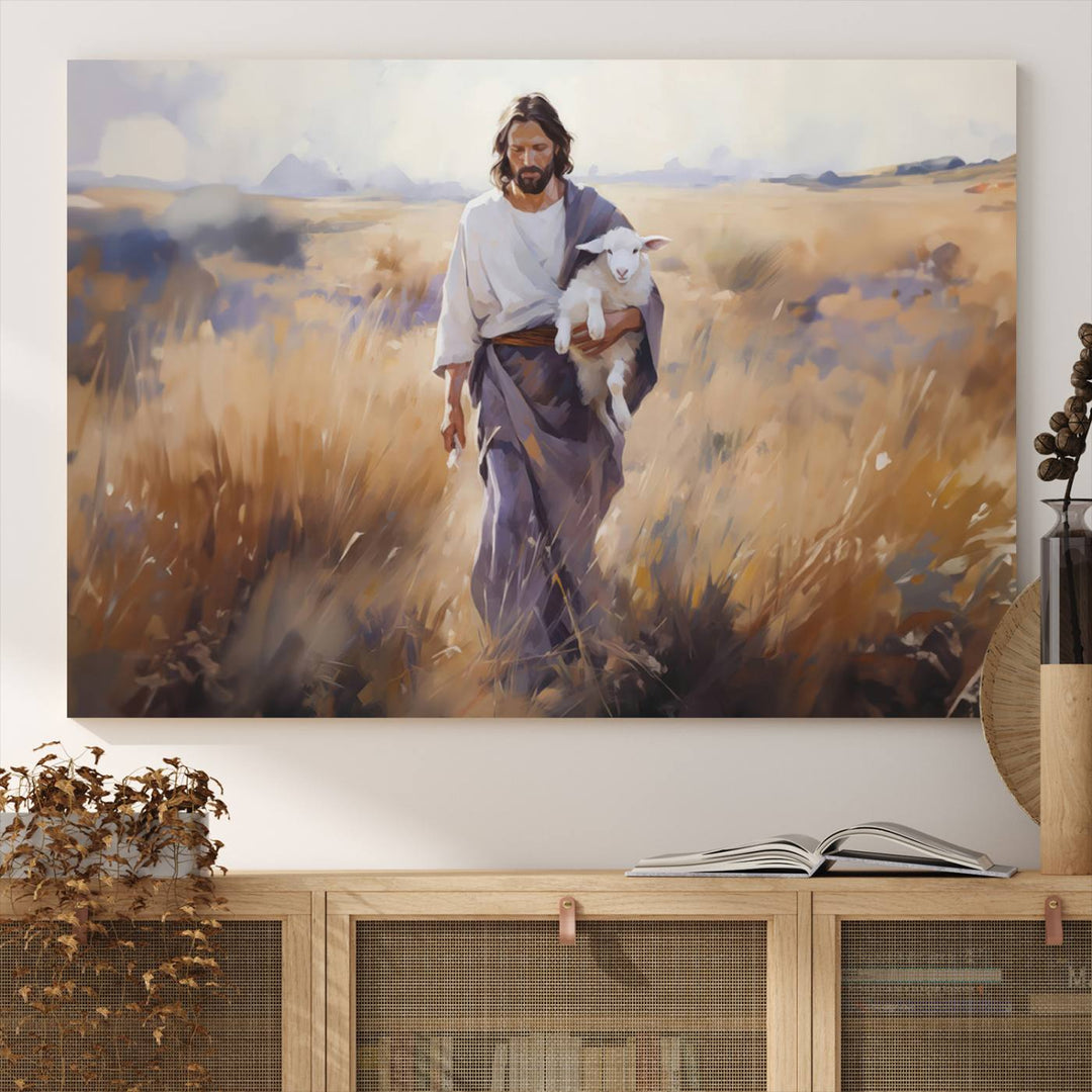 Jesus the Good Shepherd Wall Art Canvas Print - Lost Lamb  Print for Prayer Room Decor