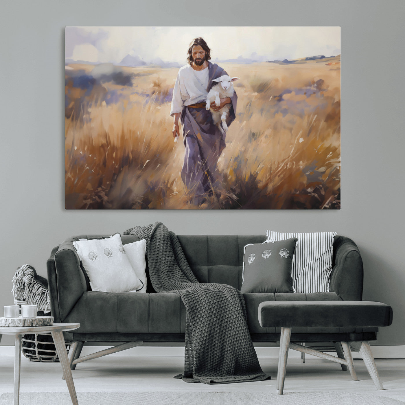 MGV-CV-36X24 - Jesus the Good Shepherd Wall Art Canvas Print - Lost Lamb Print for Prayer Room Decor