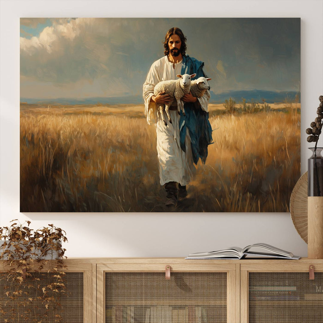 Jesus Shepherd Wall Art | Ready to Hang Triptych Canvas of Jesus Holding a Lamb in a Field | Inspirational Christian Decor for Home