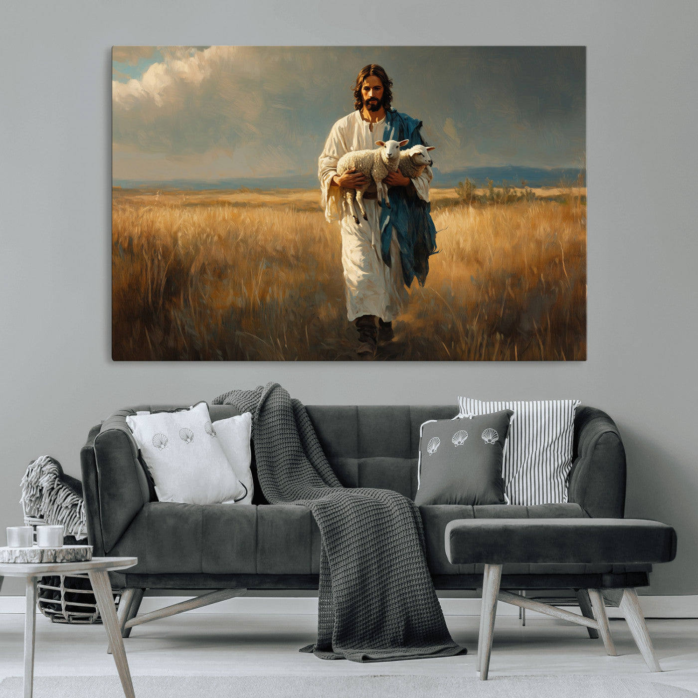 MGV-CV-36X24 - Jesus Shepherd Wall Art | Ready to Hang Triptych Canvas of Jesus Holding a Lamb in a Field |