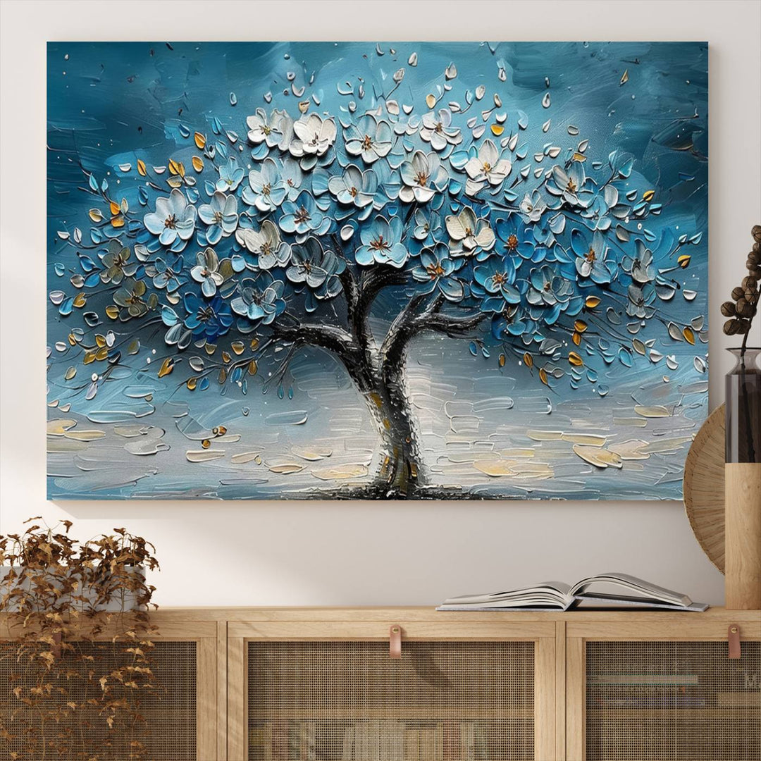 Abstract Blooming Tree Wall Art Print features blue, white, and gold textures on museum-quality canvas, perfect for modern decor.