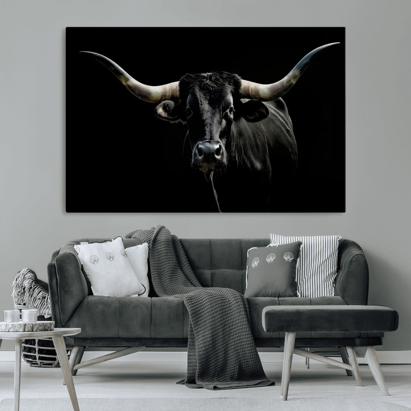MGV-CV-36X24 - Texas Black Longhorn Bull Wall Art Canvas Print - Western Texas Cattle Rustic Decor Print - Longhorn