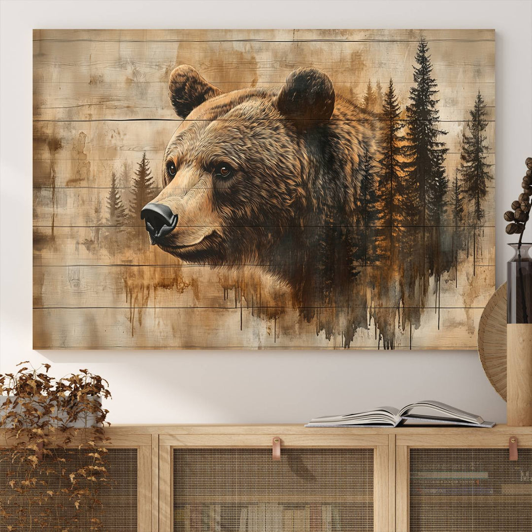 Abstract Rustic Grizzly Bear Wall Art Canvas Print - Woodland Wildlife Forest Print for Farmhouse Decor