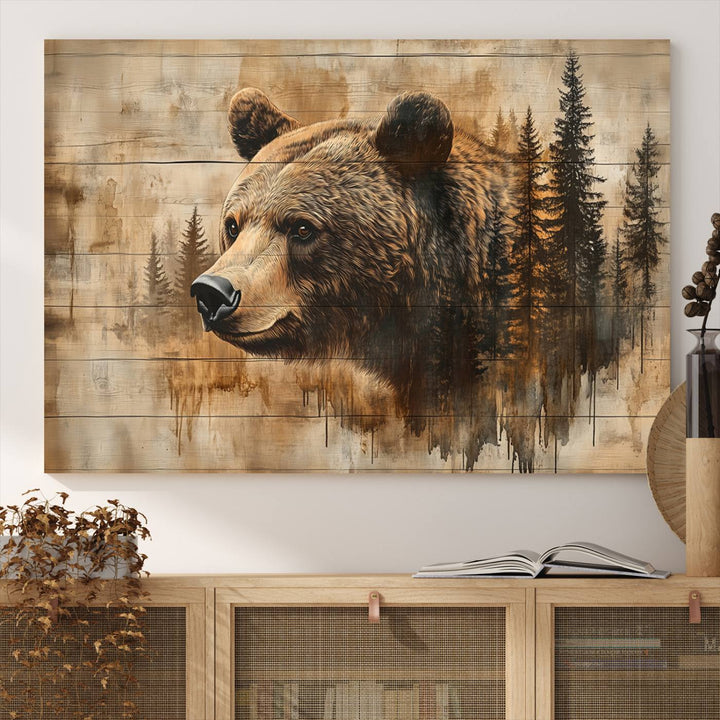 Abstract Rustic Grizzly Bear Wall Art Canvas Print - Woodland Wildlife Forest Print for Farmhouse Decor