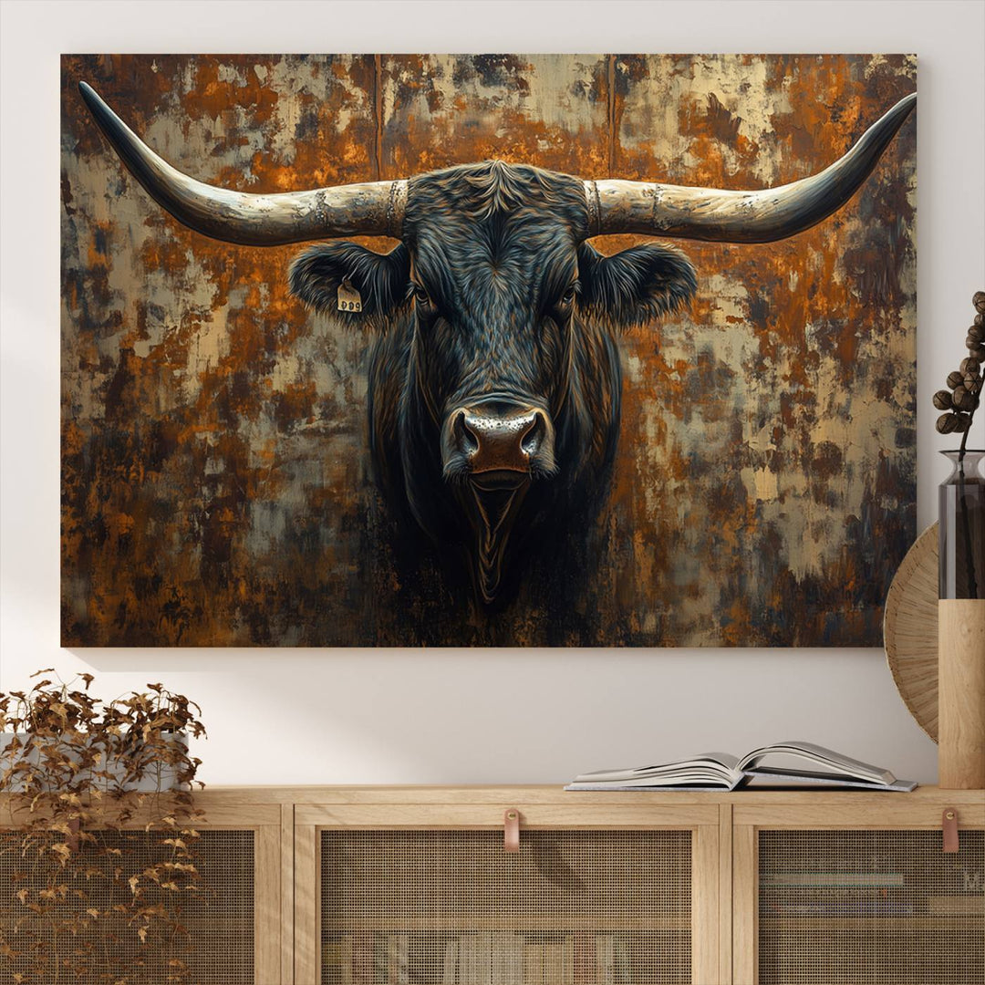 Abstract Longhorn Texas Bull Wall Art | Rustic Farmhouse Canvas Print | Ready to Hang Barn Decor for Farmhouse and Cabin Style