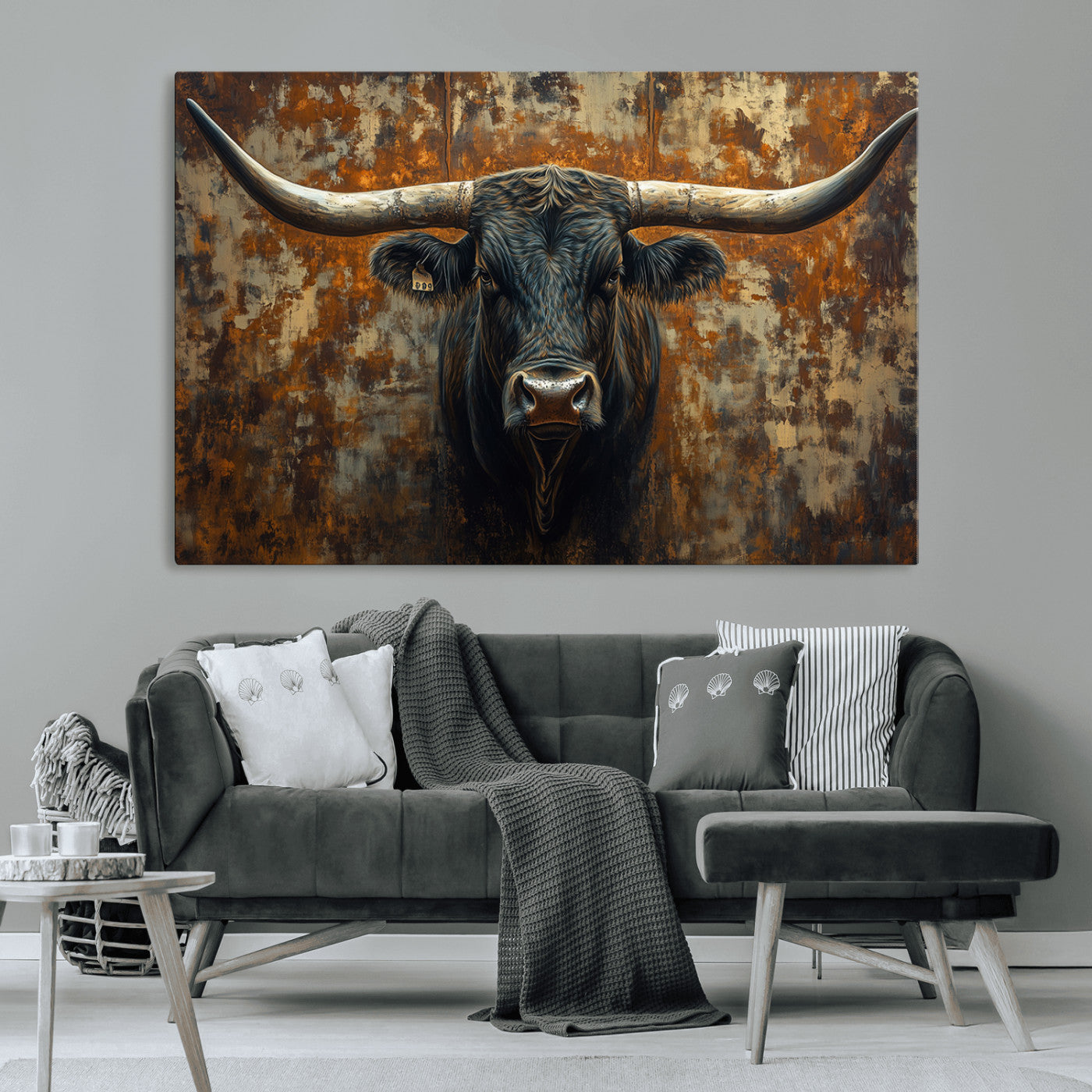 MGV-CV-36X24 - Longhorn Texas Cow Bull Wall Art | Rustic Farmhouse Canvas Print | Ready to Hang Barn Decor for