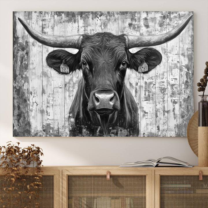 Abstract Longhorn Bull Wall Art Canvas Print - Rustic Texas Western Cow Artwork