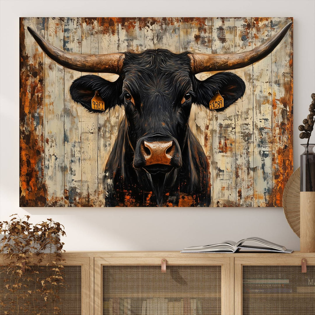 Abstract Cow Longhorn Bull Wall Art Canvas Print - Rustic Texas Western Cattle Artwork