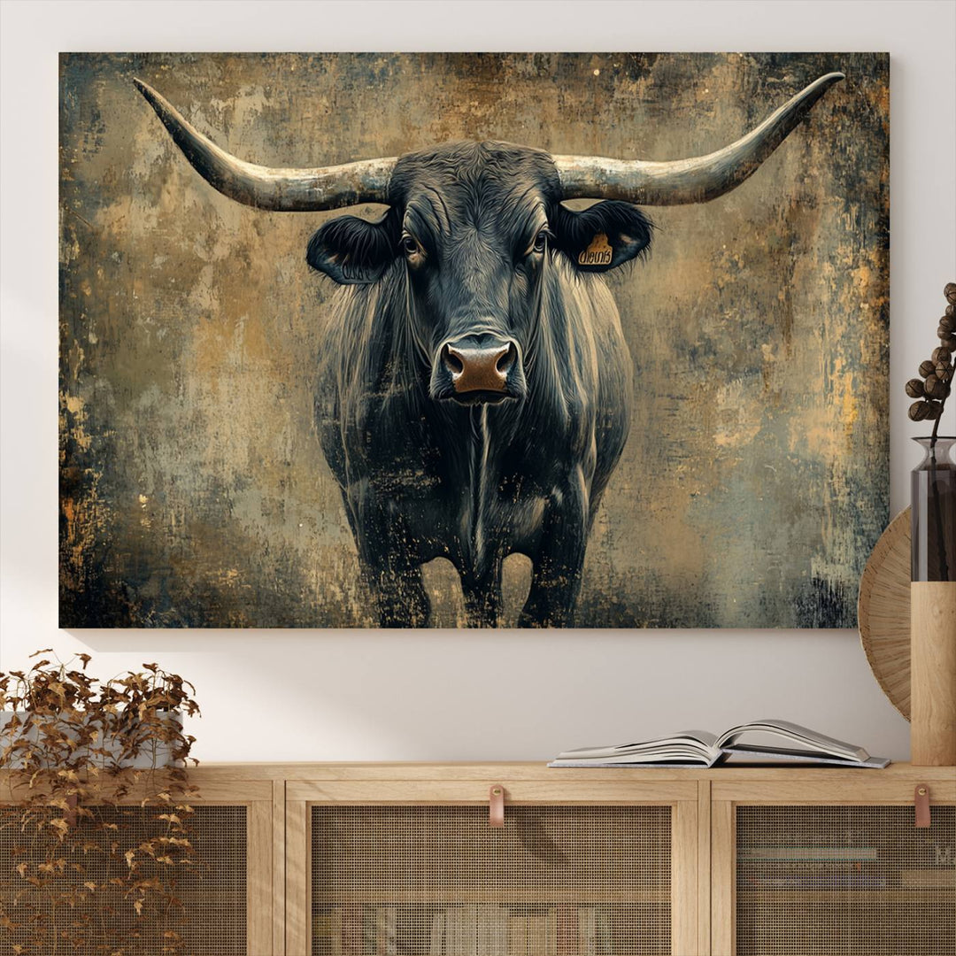 Abstract Cow Longhorn Bull Wall Art Canvas Print - Rustic Texas Western Cattle Artwork