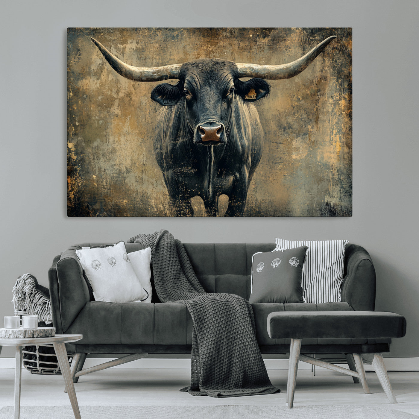 MGV-CV-36X24 - Longhorn Bull Wall Art Canvas Print, Framed Rustic Cow Art Picture Print, Texas Longhorn Perfect Western Decor Artwork