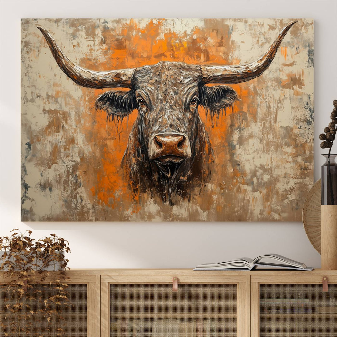 Abstract Cow Longhorn Bull Wall Art Canvas Print - Rustic Texas Western Cattle Artwork