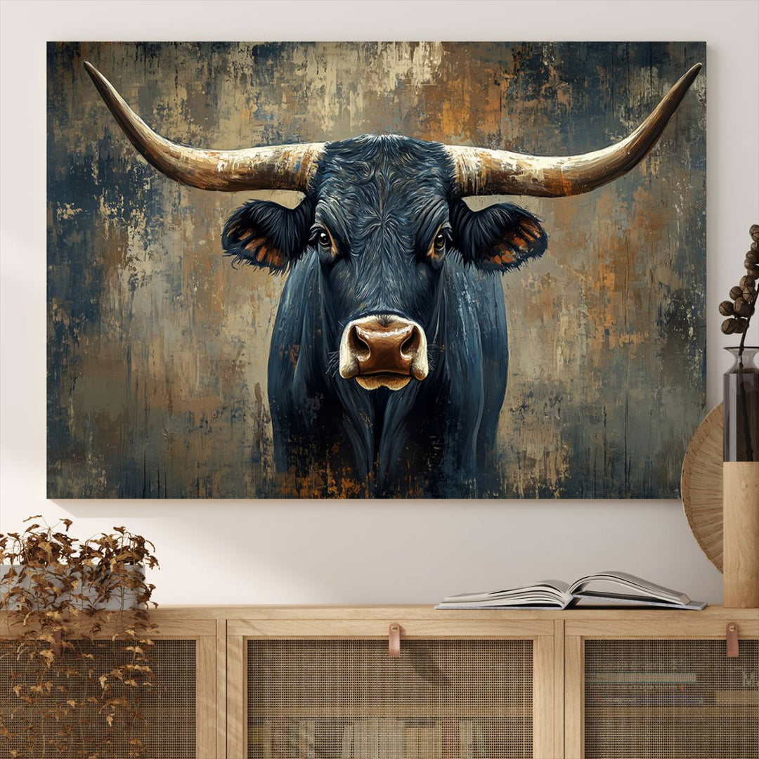 Abstract Cow Longhorn Bull Wall Art Canvas Print - Rustic Texas Western Cattle Artwork