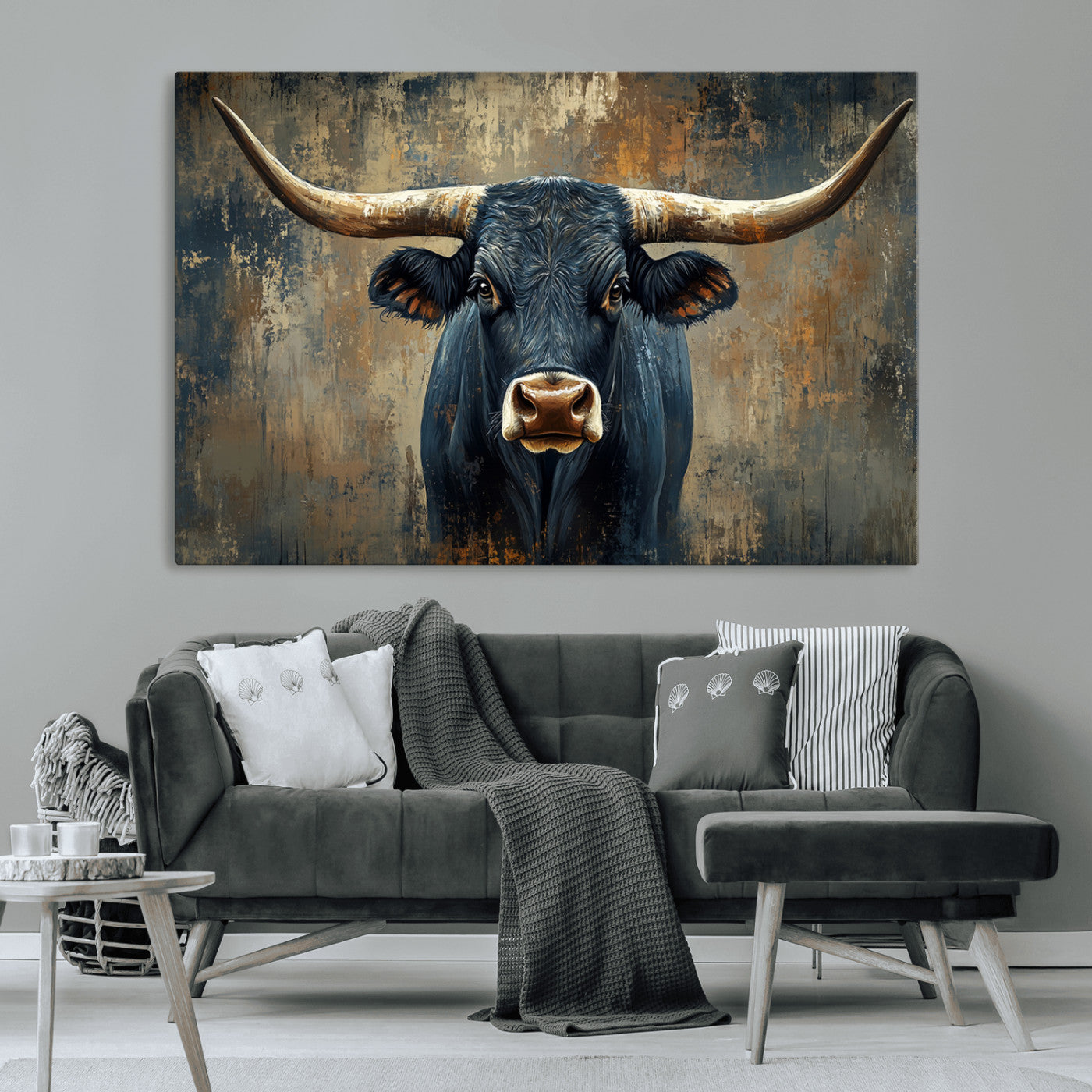 MGV-CV-36X24 - Texas Western Wall Art Canvas Print - Abstract Cow Longhorn Bull Wall Art Canvas Print - Rustic Cow