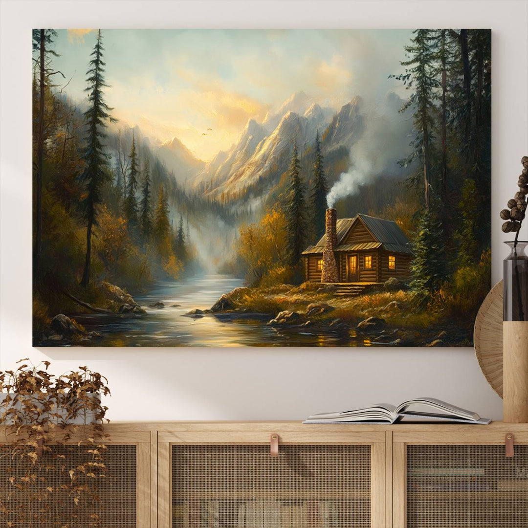 Wood Cabin Retreat Mountain at Sunset Wall Art Print - Serene Forest and River Landscape Wall Art Canvas Print