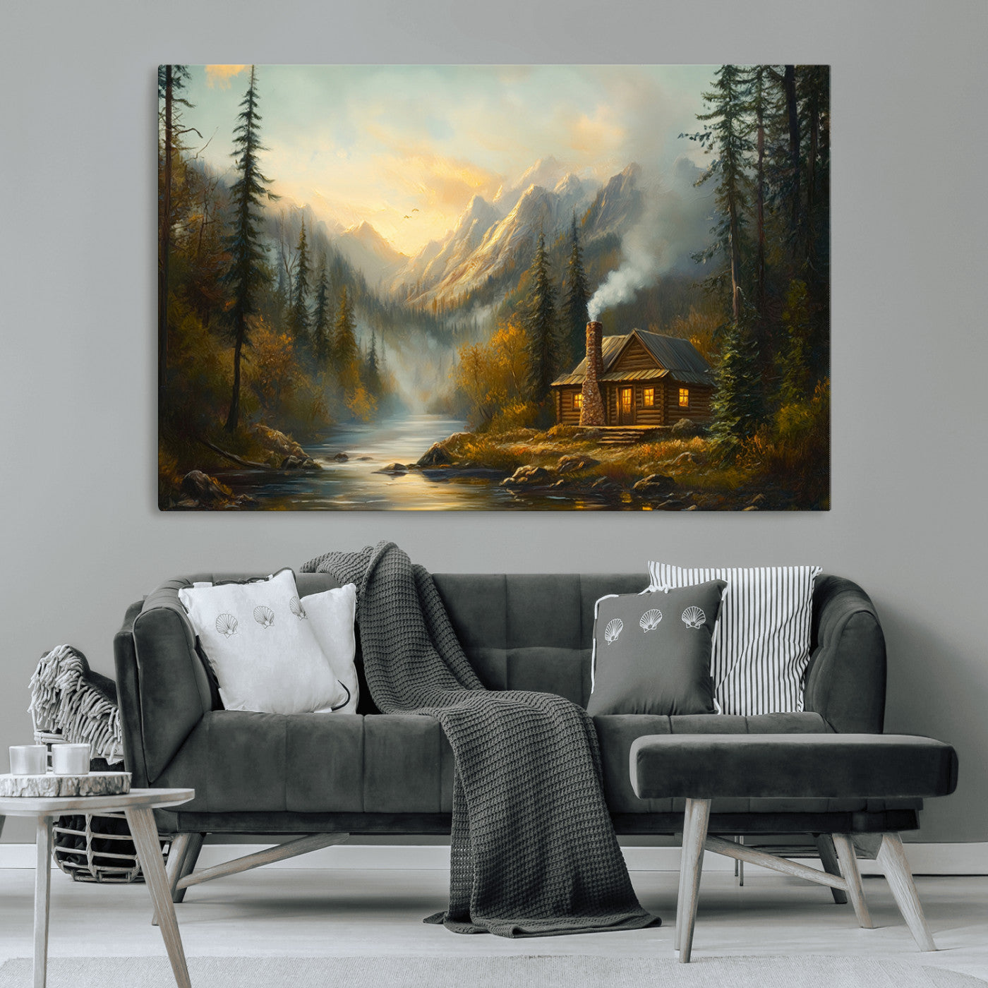 MGV-CV-36X24 - Wood Cabin Retreat Mountain at Sunset Wall Art Print - Serene Forest and River Landscape Wall Art