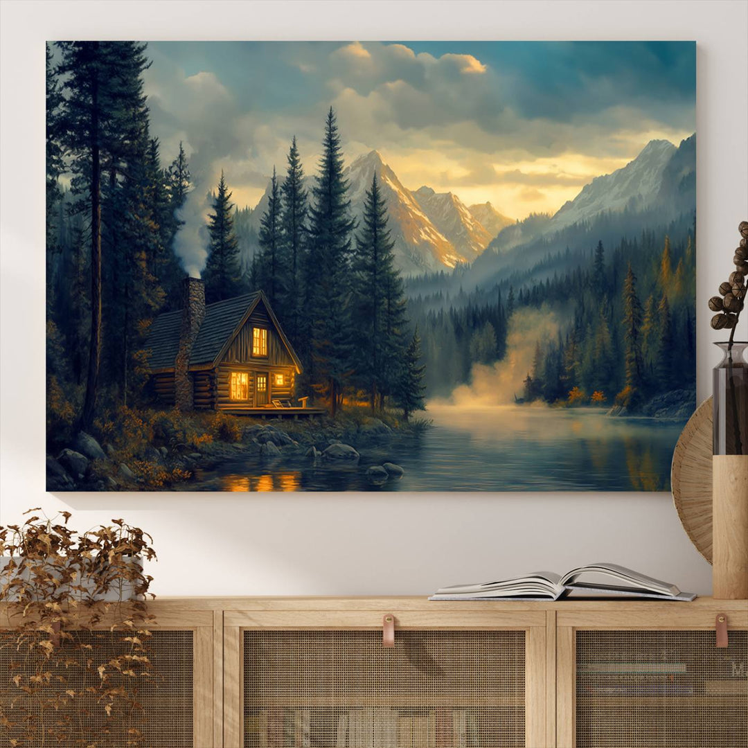 Mountain Cabin by the Lake at Sunset Wall Art - Serene Nature Canvas Print for Living Room Decor, Rustic Lodge Ambiance, 3-Panel Large Wall Art