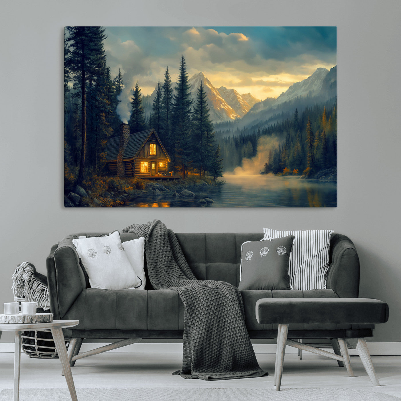 MGV-CV-36X24 - Mountain Cabin by the Lake at Sunset Wall Art - Serene Nature Canvas Print for Living Room Decor,