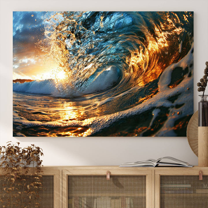 Ocean Wave at Sunset Wall Art | Ready to Hang Triptych Canvas Print | Coastal Wall Art for Living Room | Nautical and Beach House Decor