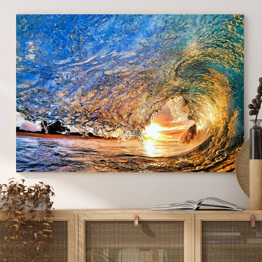 Ocean Wave at Sunset Canvas Print | Large Coastal Ocean Wall Art Print | Vibrant Beach Waves Art Print | Surf Lover Gift | Nautical Decor