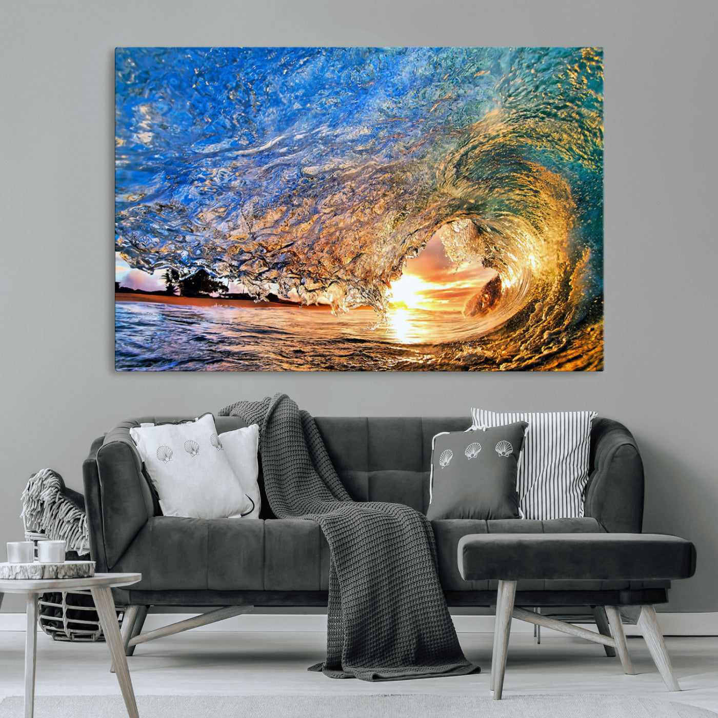 MGV-CV-36X24 - Ocean Wave at Sunset Canvas Wall Art – Vibrant Coastal Beach Waves Print, Large Nautical Decor,
