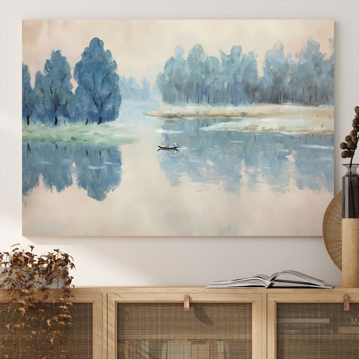 Landscape Printing Lake and Boat Scene | Serene Landscape Wall Art for Nature Lovers | Ready to Hang Triptych Canvas Print | Peaceful Blue Trees and Water Reflection Decor