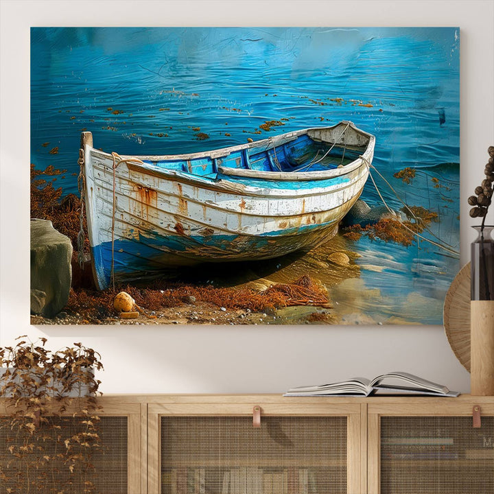 Vintage Boat on Tranquil Waters | Coastal Wall Art for Nautical Decor | Rustic Triptych Canvas Print | Beach House Art for Coastal Home Decor