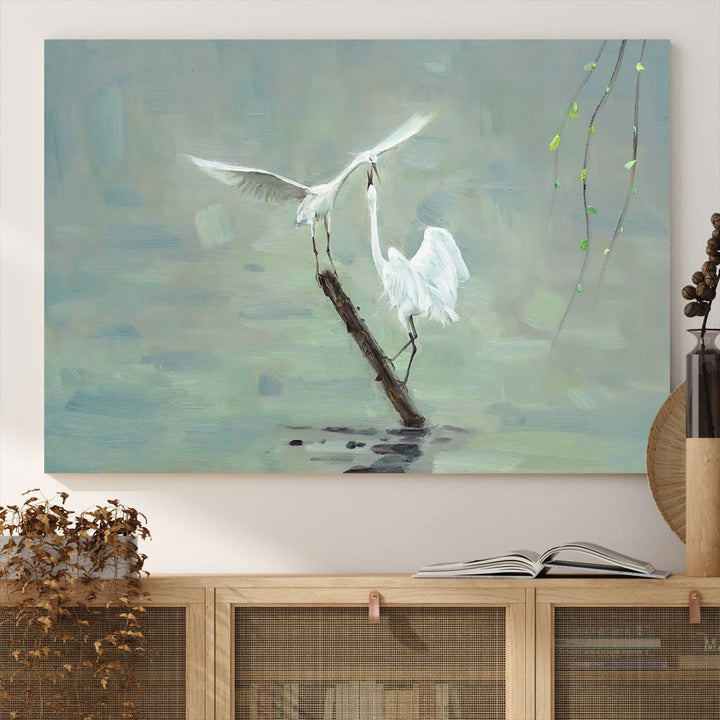 Elegant White Herons on Calm Waters | Coastal Wall Art for Nature-Inspired Decor | Serene Triptych Canvas Print | Ready to Hang Bird-Themed Art for Home Decor