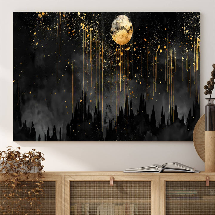 Gold Moon and Black Skyline Abstract Wall Art | Dark Modern Canvas Print with Dripping Gold Accents | Triptych Contemporary Homes