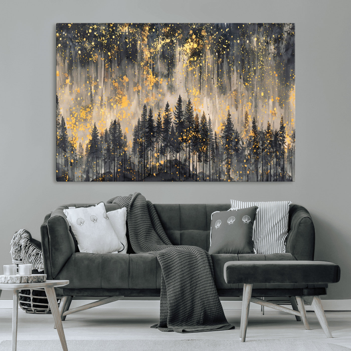 MGV-CV-36X24 - Golden Forest Abstract Wall Art | Dark Forest with Gold Splatter Accents | Triptych Ready to Hang