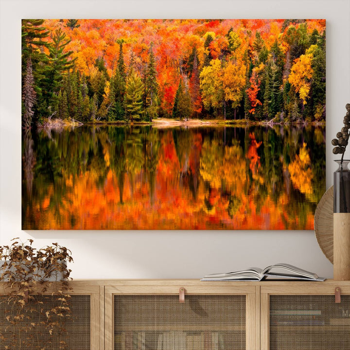 Autumn Forest Reflection Wall Art | Triptych Canvas Print | Vibrant Fall Foliage Wall Decor | Nature-Inspired Cabin Wall Art for Living Room