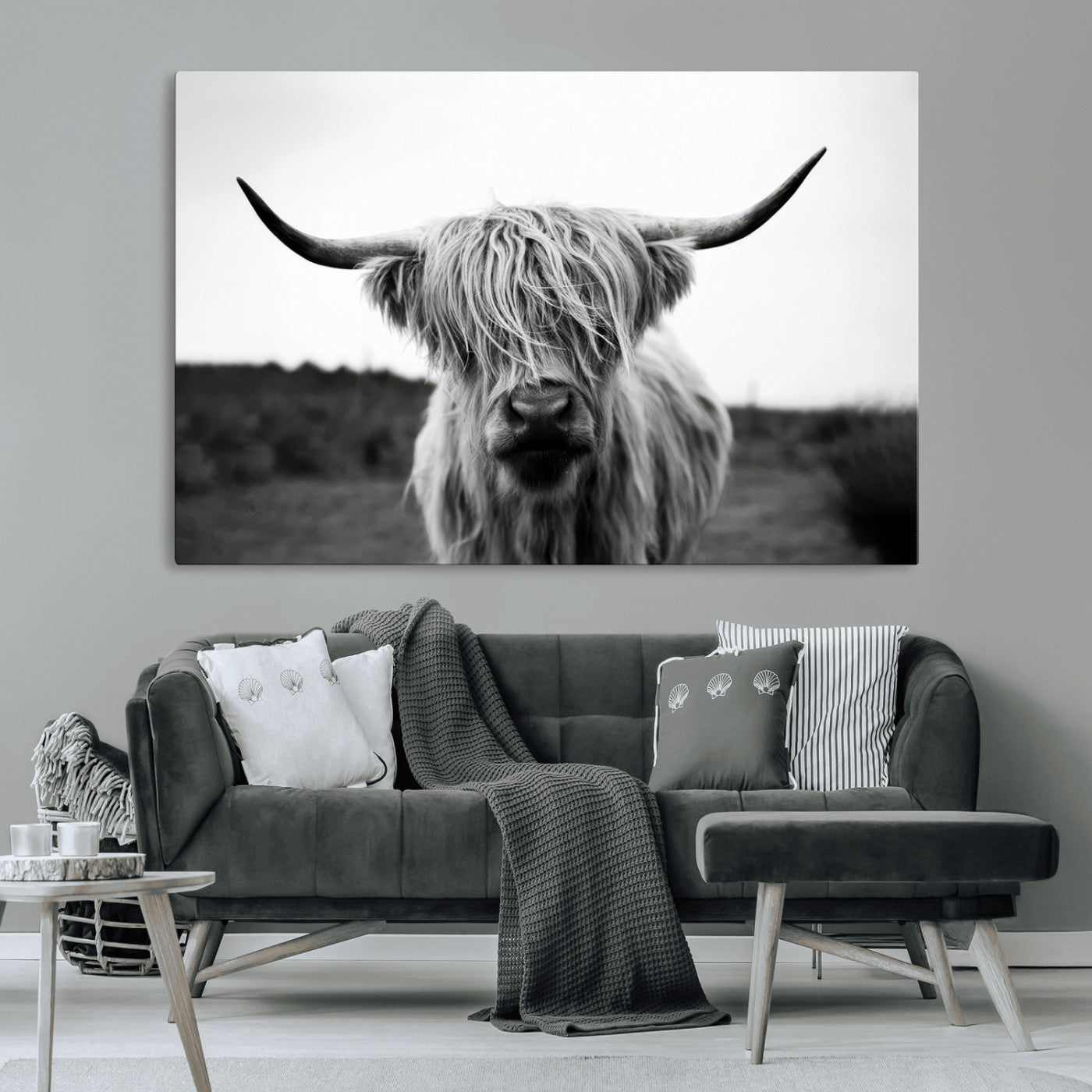MGV-CV-36X24 - Highland Cow Wall Art | Black and White Farmhouse Decor | Triptych Canvas Print | Rustic Barn Decor