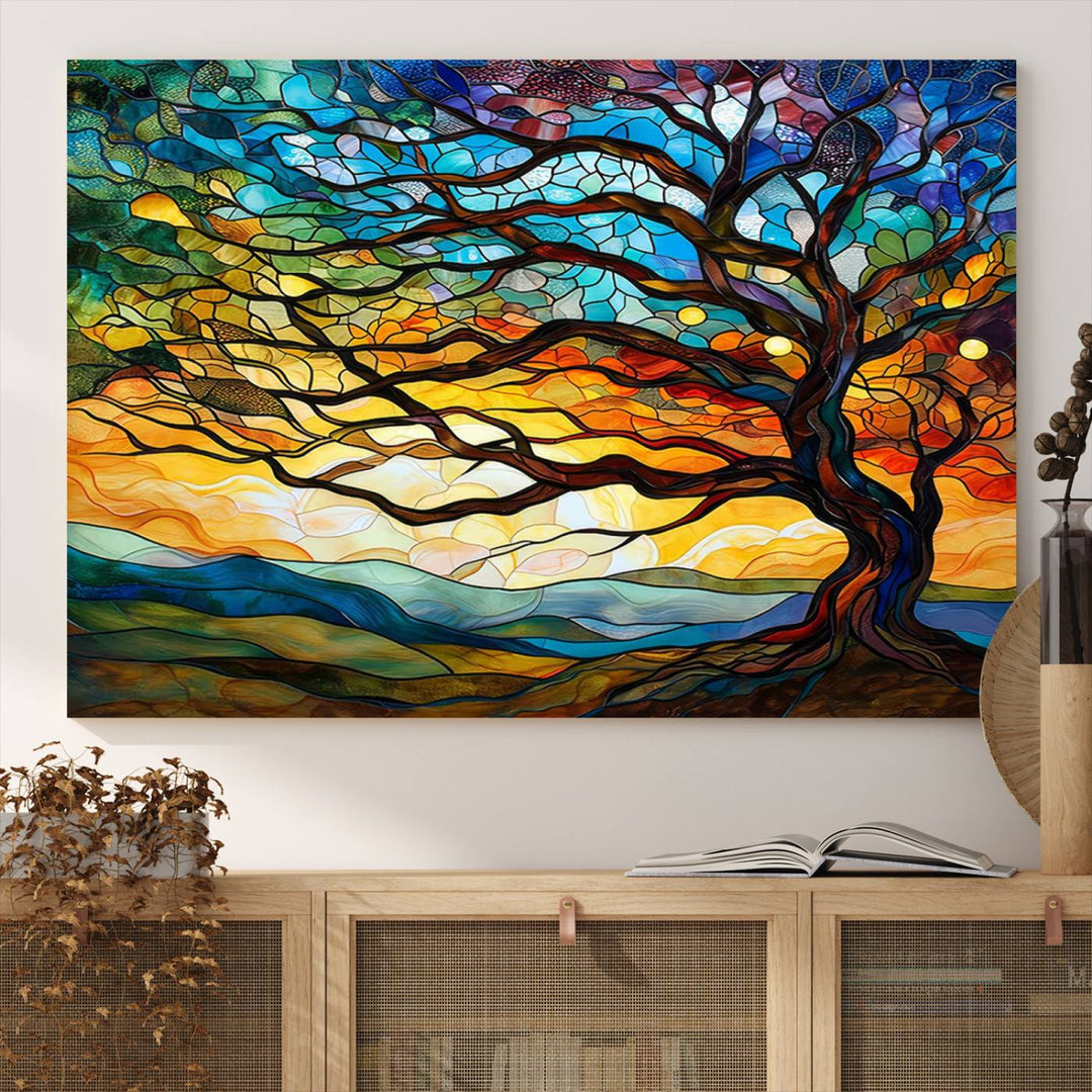 Vibrant Mosaic Tree of Life Wall Art | Stained Glass Style Canvas Print | Ready to Hang Artistic Decor