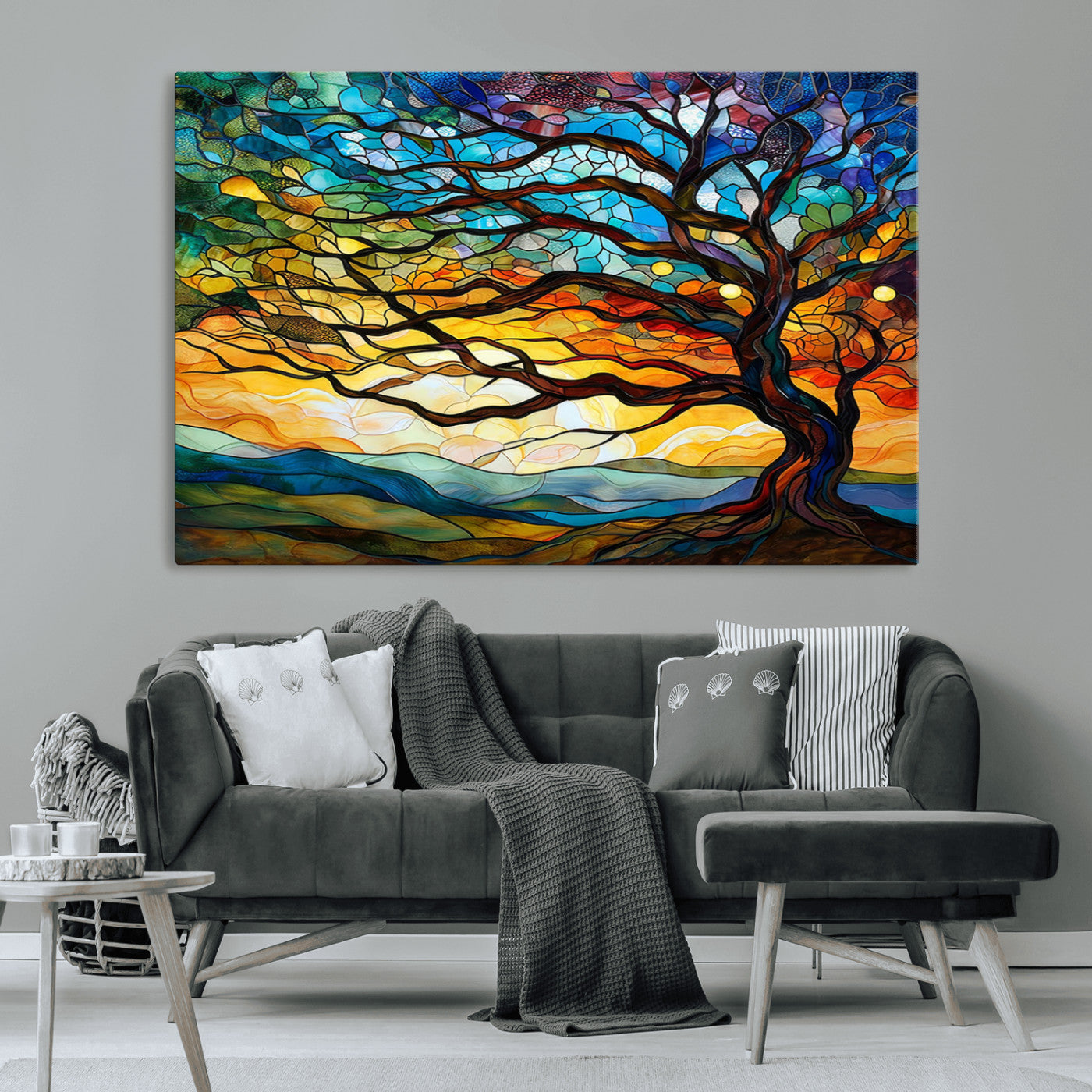MGV-CV-36X24 - Vibrant Mosaic Tree of Life Wall Art | Stained Glass Style Canvas Print | Ready to Hang Artistic