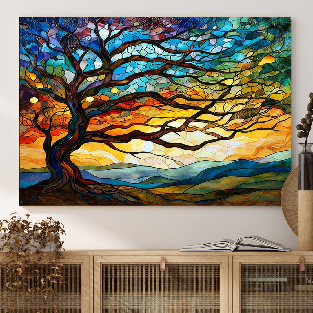 Mosaic Tree Wall Art | Ready to Hang Stained Glass Style Canvas Print | Farmhouse Wall Decor, Cabin Wall Art, and Unique Nature Home Decor