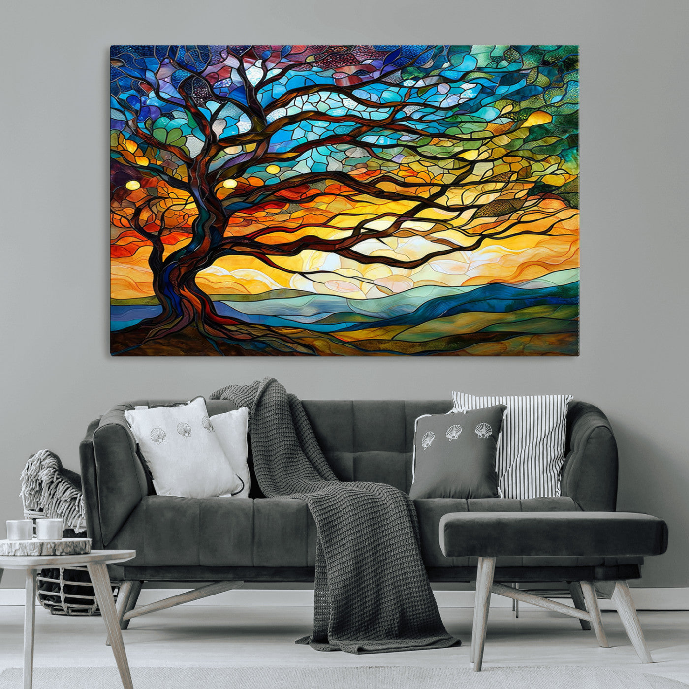 MGV-CV-36X24 - Mosaic Tree Wall Art | Ready to Hang Stained Glass Style Canvas Print | Farmhouse Wall Decor, Cabin