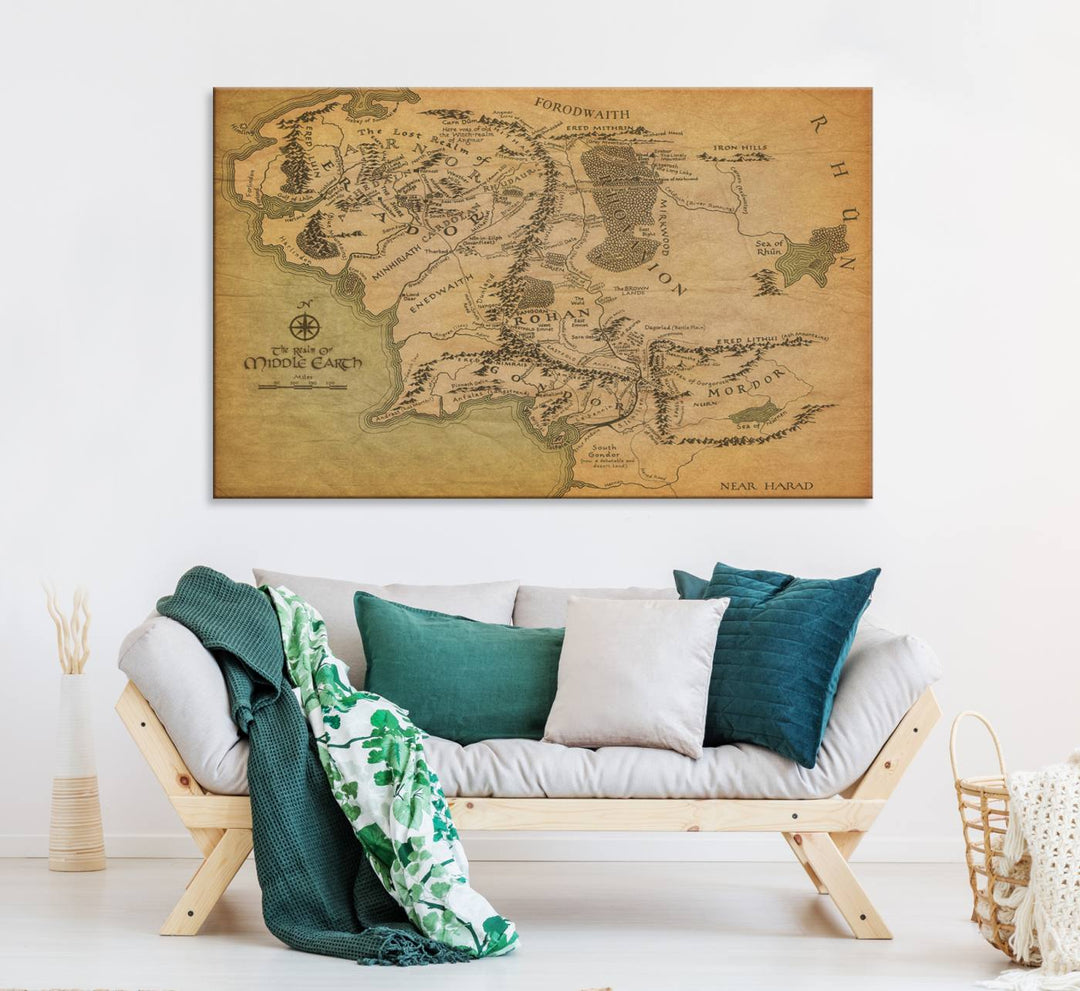 J.R.R. Tolkien's Middle-Earth World Map 3 Panel Wall Art Canvas Print | Vintage Map Wall Art for Living Room or Office | Large Framed Gallery Wrap