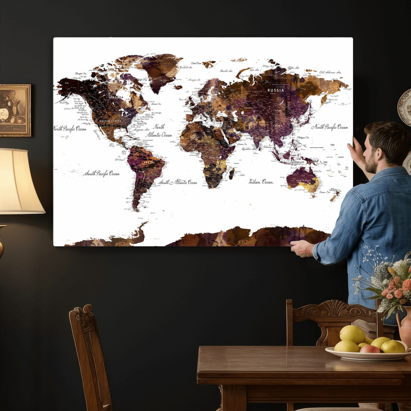 50611-MGV-CV-36X24 - Push Pin World Map Canvas Print – Framed Wall Art for Couples to Track Their Travels – Anniversary