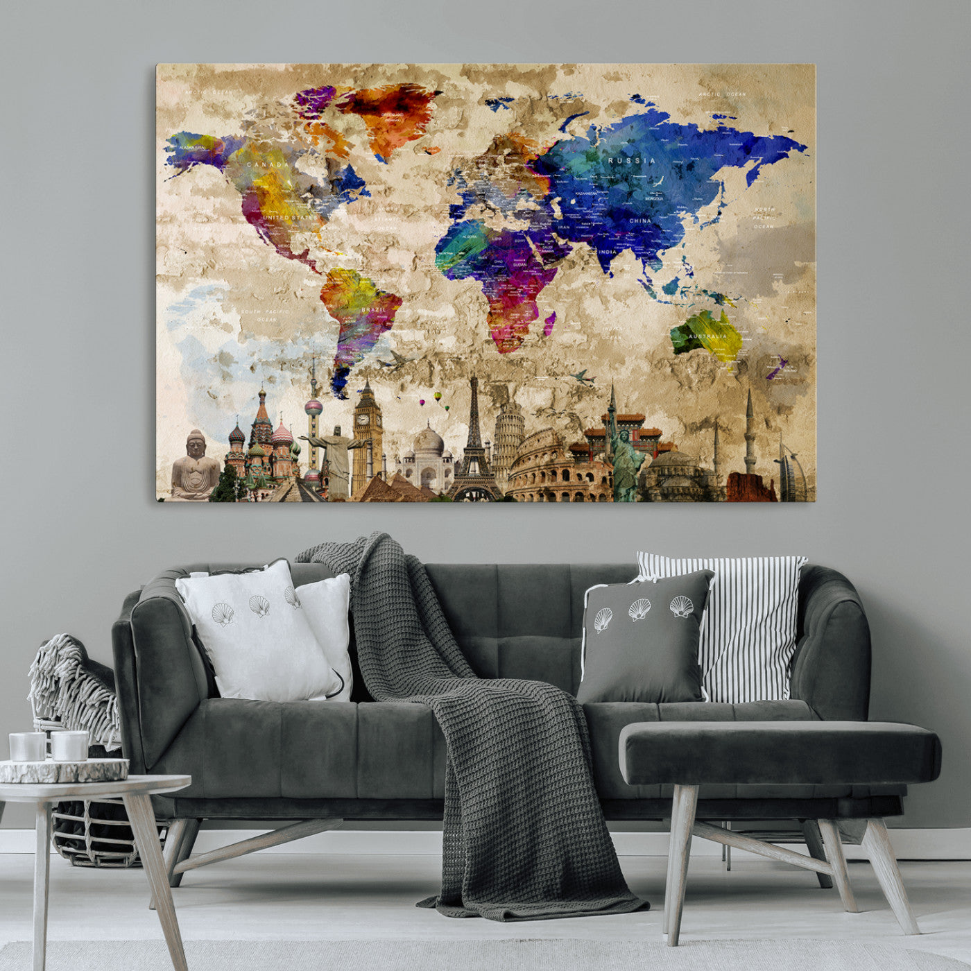 MGV-CV-36X24 - Push Pin World Map Canvas Print – Framed Wall Art for Couples to Track Their Travels – Anniversary