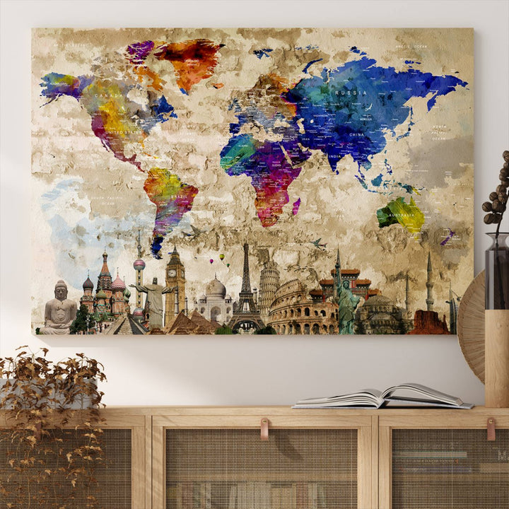 Framed World Map Canvas Print with Landmarks | Multi-Panel Wall Art | Ready to Hang Decor for Living Room, Office | Global Travel Wall Art | Vibrant Landmark Design