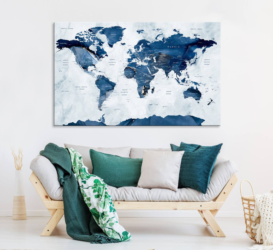 Navy Blue World Map with Antarctica Canvas: A perfect abstract home decor piece featuring a grunge-stained background.