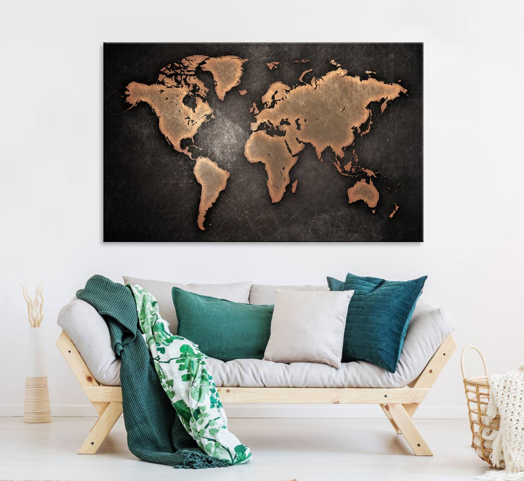 Maroon World Map Wall Art: Copper continents on a grunge-stained canvas, ideal for enhancing your decor.