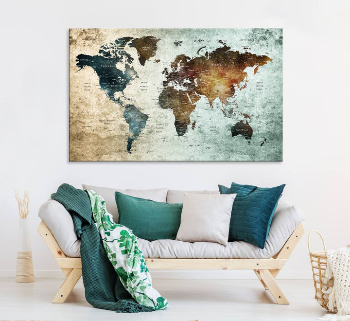 The Push Pin World Map Canvas Print serves as an ideal piece of wall art for travel lovers, showcasing vibrant colors and intricate details.