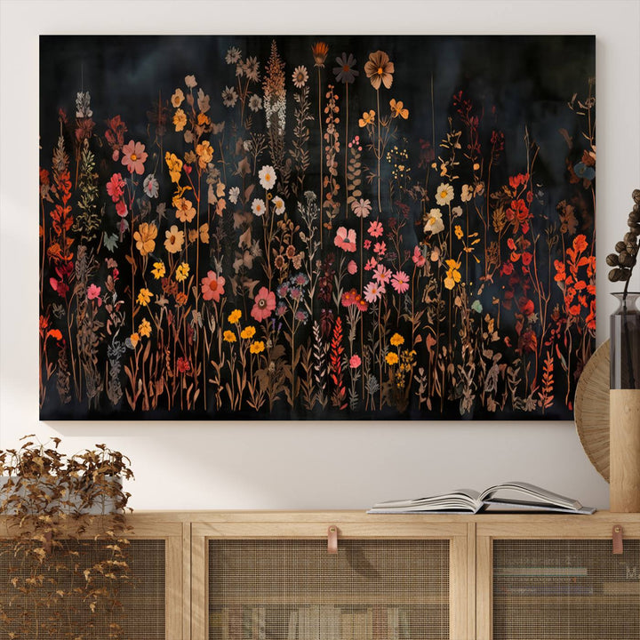 A large wildflower painting print on canvas featuring a colorful floral illustration, perfect as botanical decor for a stylish home.