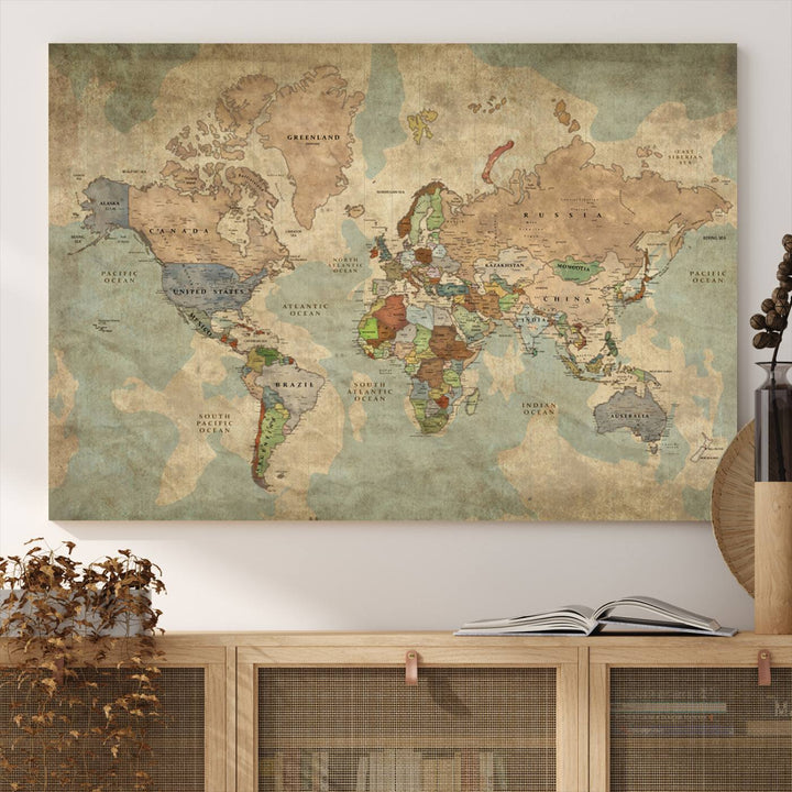 Vintage World Map Canvas Wall Art – Antique Triptych Map Print – Rustic Global Decor for Living Room or Office – Ready to Hang