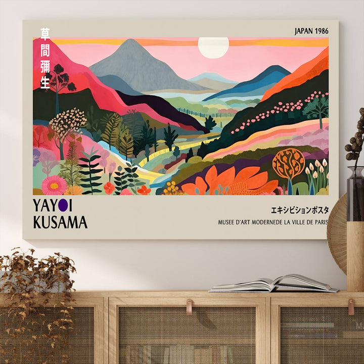 Vibrant abstract landscape canvas inspired by Yayoi Kusama, featuring mountains, trees, and flowers in a triptych style.